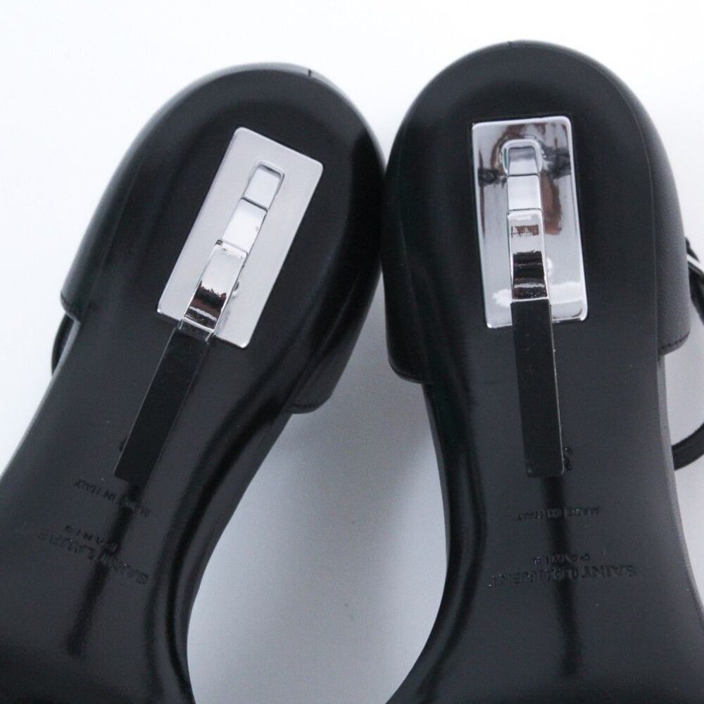 Saint Laurent Opyum Sandals Black Leather Silver YSL Logo Heel Shoes 39 Italy - Picture 13 of 15